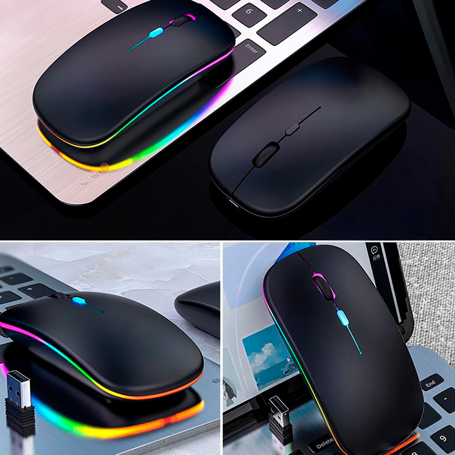 Ratón inalámbrico recargable con conexión Bluetooth y 2.4G, diseño delgado y cómodo con DPI ajustable.