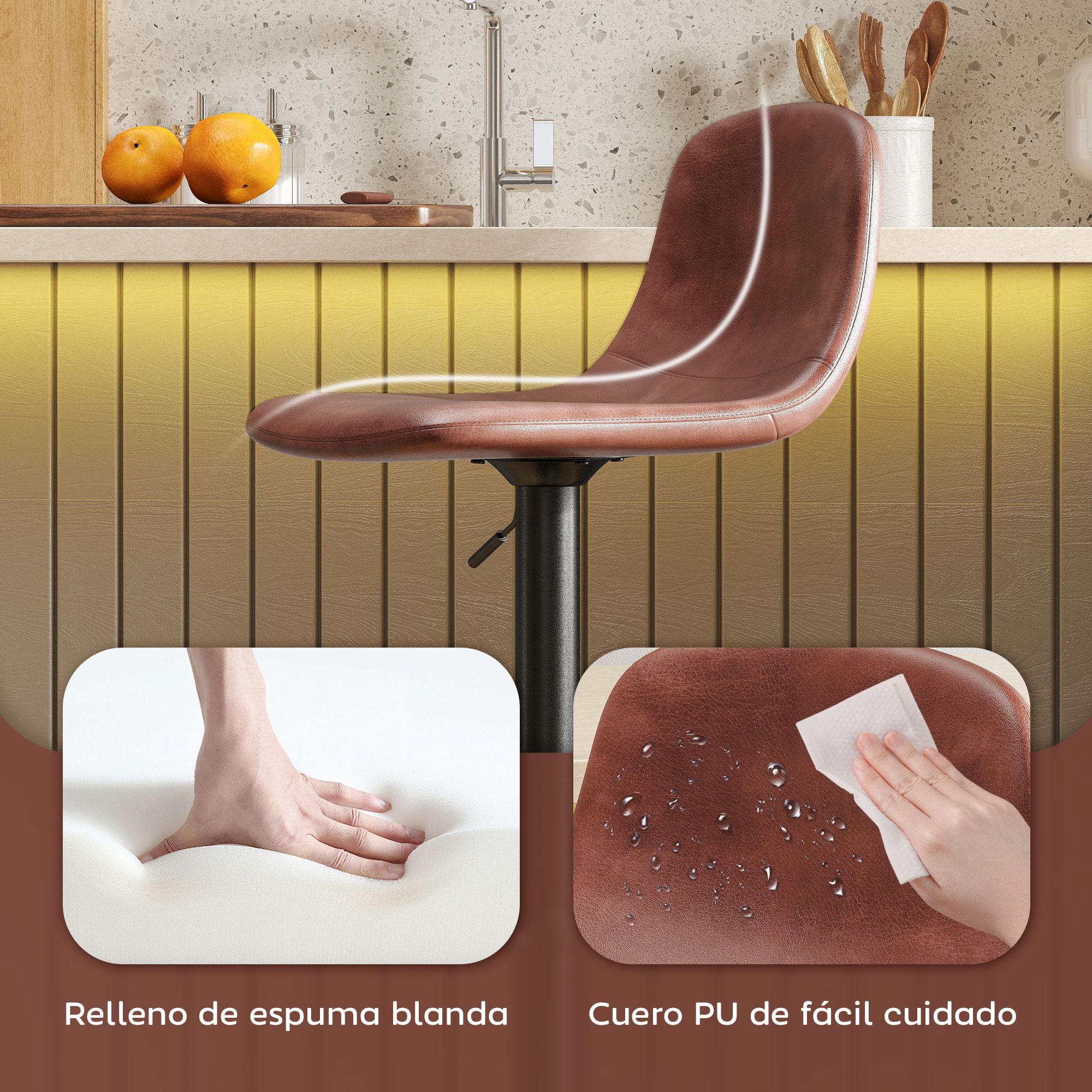 Juego de 2 Taburetes de Bar Taburetes Altos de Cocina Regulable en Altura 84-104 cm con Respaldo y Reposapiés Tapizado en PU Giratorio en 360° para Comedor Mostrador Marrón
