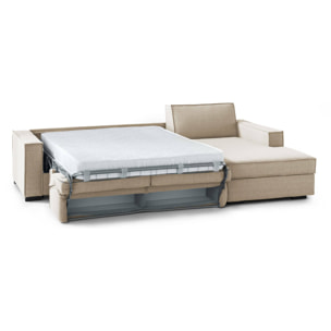 Divano letto con penisola Afar, Sofà con apertura girevole, Penisola contenitore Destra, Braccioli slim, 100% Made in Italy, Cm 260x95h90, Beige