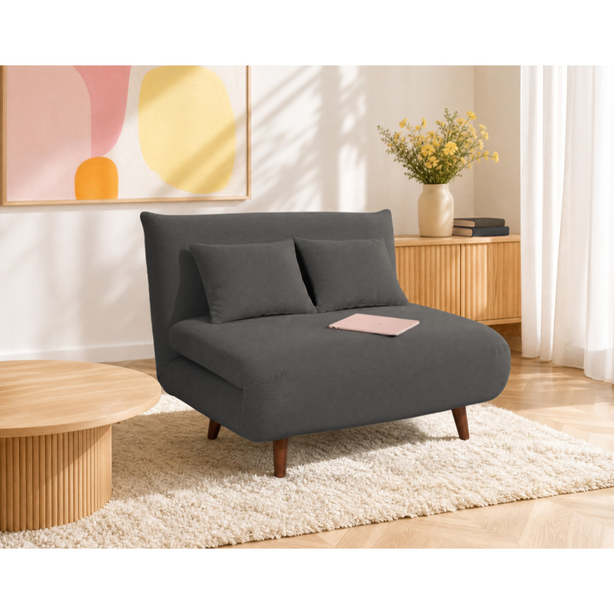 Lumi - Banquette convertible clic-clac 1 place en velours côtelé - Gris