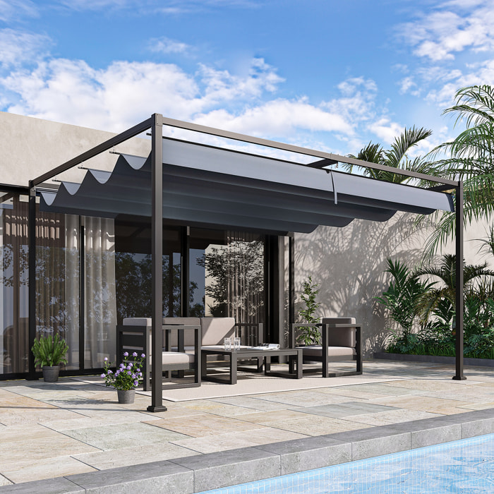 Pérgola 4x3 m Cenador de Jardín Pabellón de Diseño Elegante con Techo Retráctil de Poliéster con Recubrimiento Resistente Anti-UV Impermeable para Celebraciones Fiestas Bodas Gris Oscuro