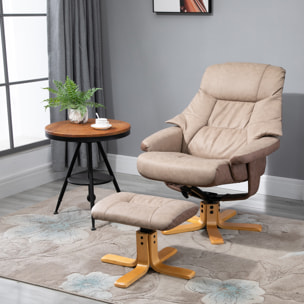 Fauteuil relax style contemporain - dossier inclinable, repose-pied - piètement bois peuplier verni tissu technique taupe clair