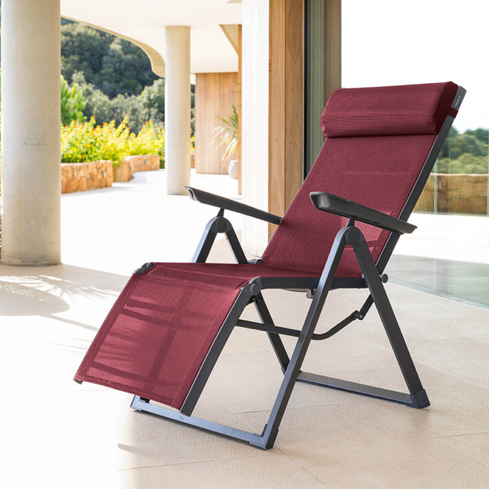 Fauteuil de jardin inclinable "Decima" bordeaux & graphite 8 positions en aluminium traoté époxy