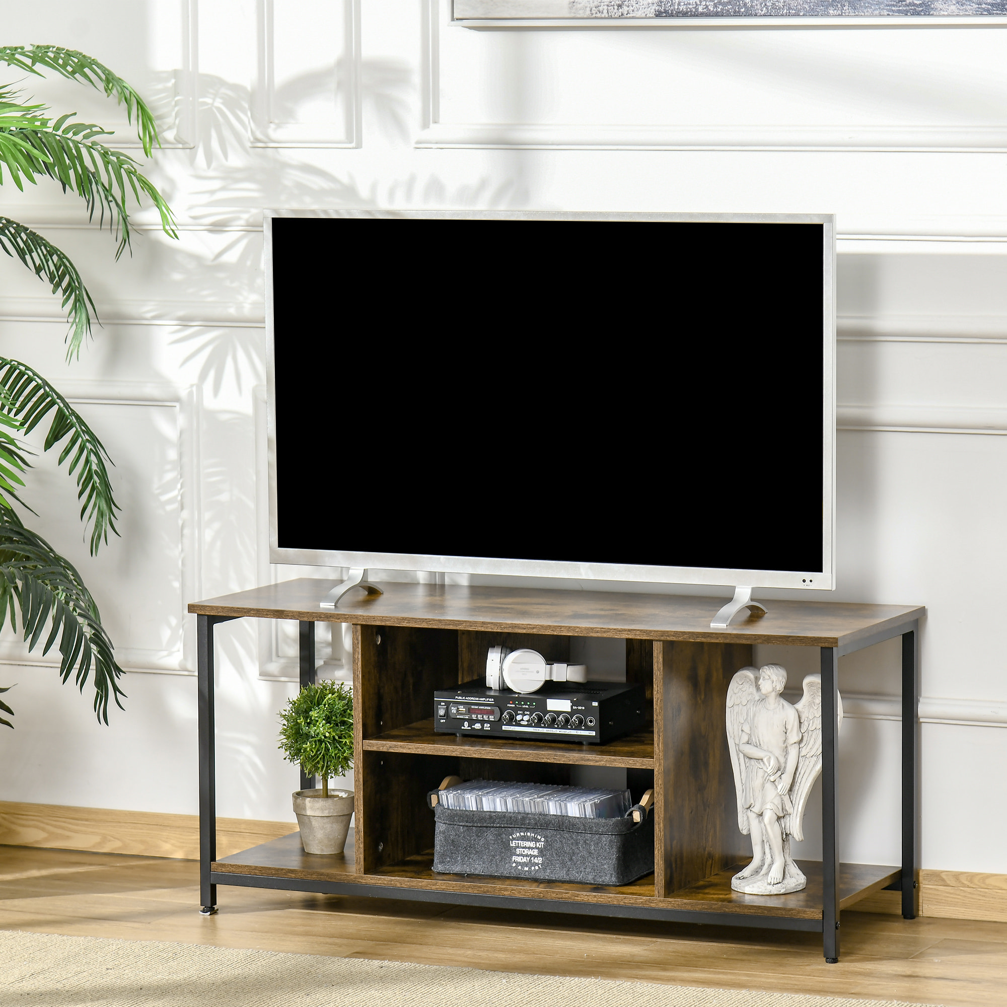 HOMCOM Mueble de TV para Televisores hasta 55 Pulgadas Mesa TV de Salón Estilo Industrial con 4 Compartimentos Estante Ajustable y Gestión de Cables 110x40x50 cm Marrón Rústico