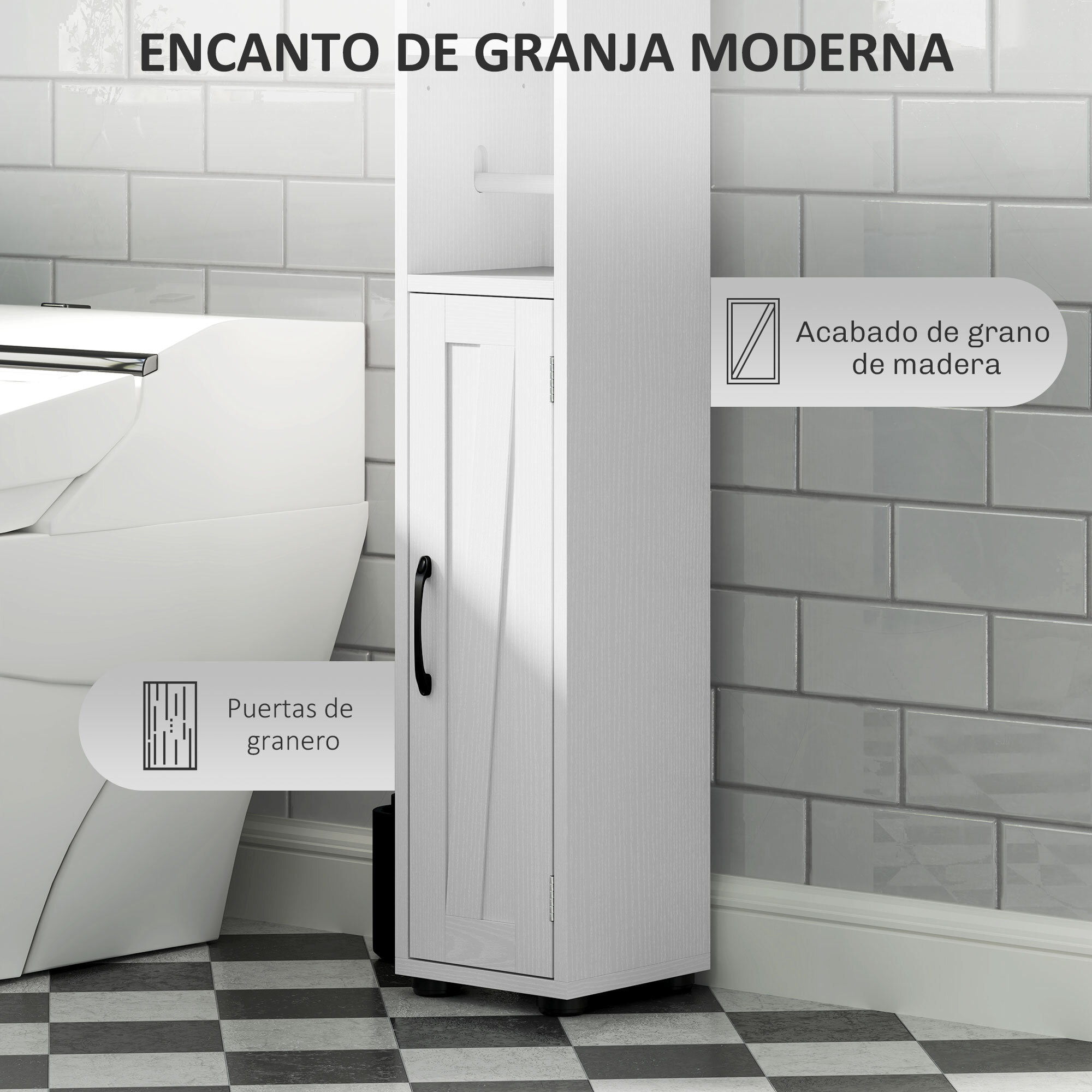 Columna de Baño Estrecha con 2 Puertas Armario Alto de Baño Rústico con Cajón Compartimento Abierto Estantes Ajustables y Portarrollos 20x20x185 cm Blanco