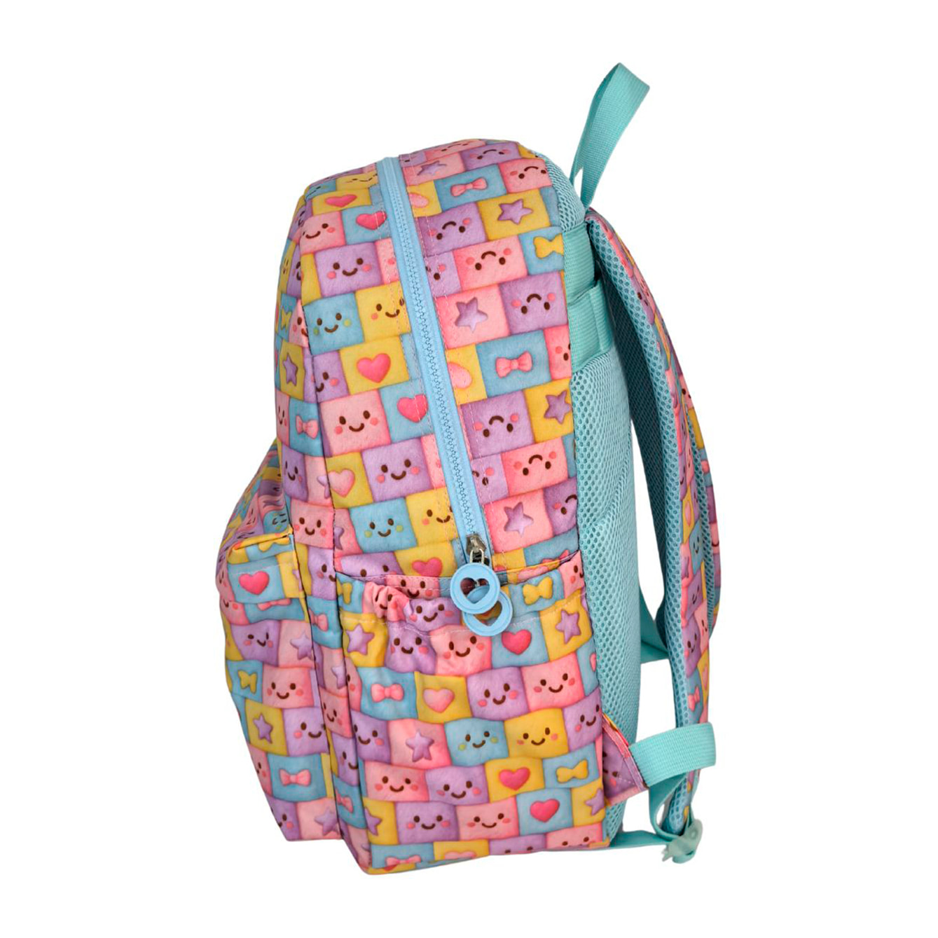 Zaino Americano Blin Blin Faces. Comparto per laptop. Schienale e spallacci regolabili e imbottiti. Con accessorio pom pom.
