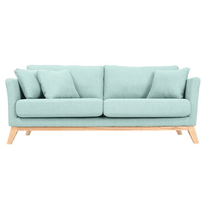 Canapé scandinave déhoussable 3 places en tissu vert lagon et bois clair OSLO