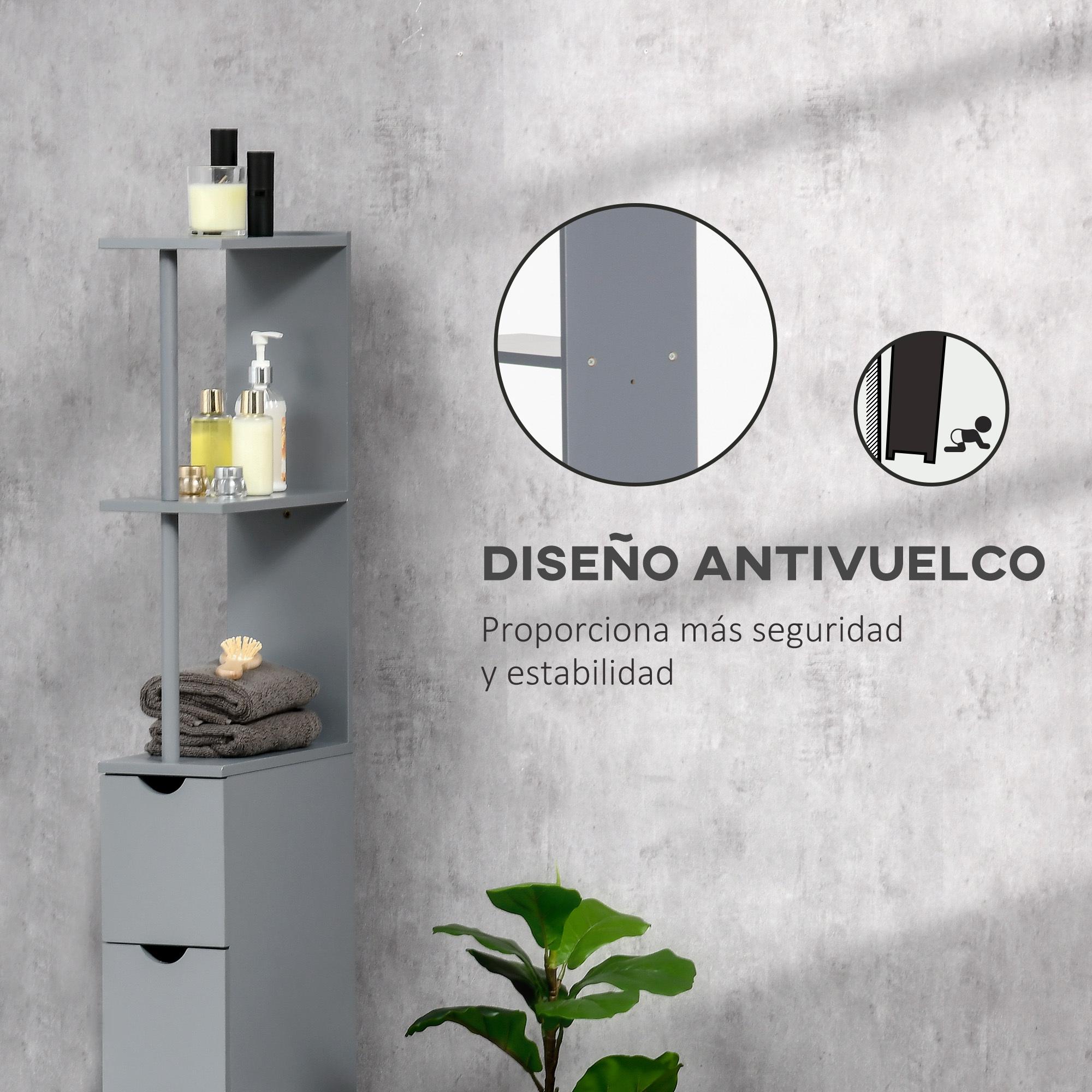 Columna Auxiliar de Baño Moderno Armario de Baño Mueble Auxiliar de Baño con 2 Estantes 2 Cajones y 1 Puerta Antivuelco 15x33x136,5 cm Gris