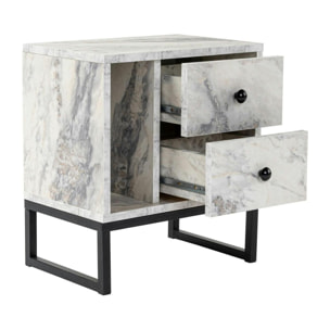 Table de nuit 2 tiroirs 1 niche, effet marbre blanc JENA