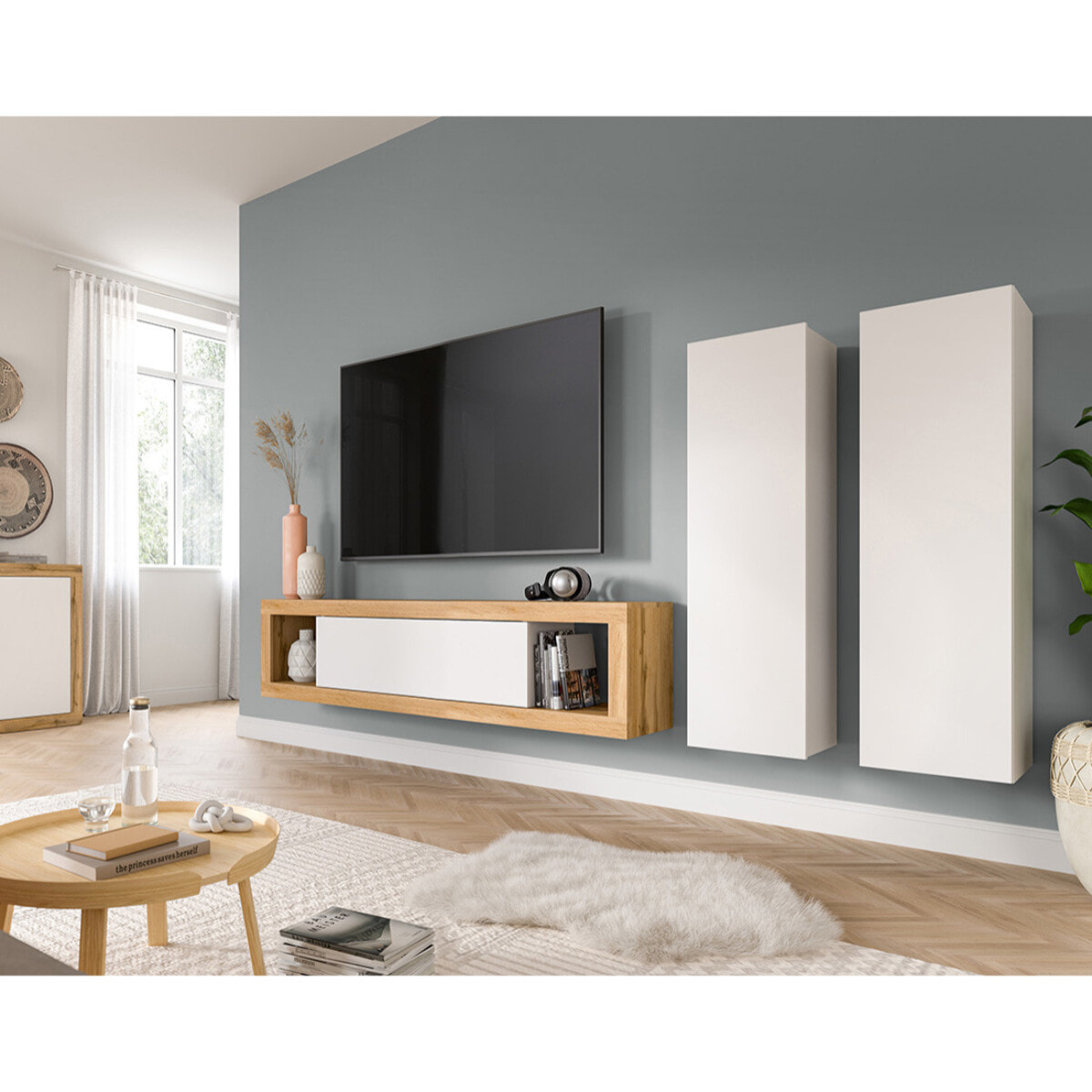 Ethan – meuble tv 150 cm + 2 armoires murales 110 cm - bois et blanc - Bois / Blanc