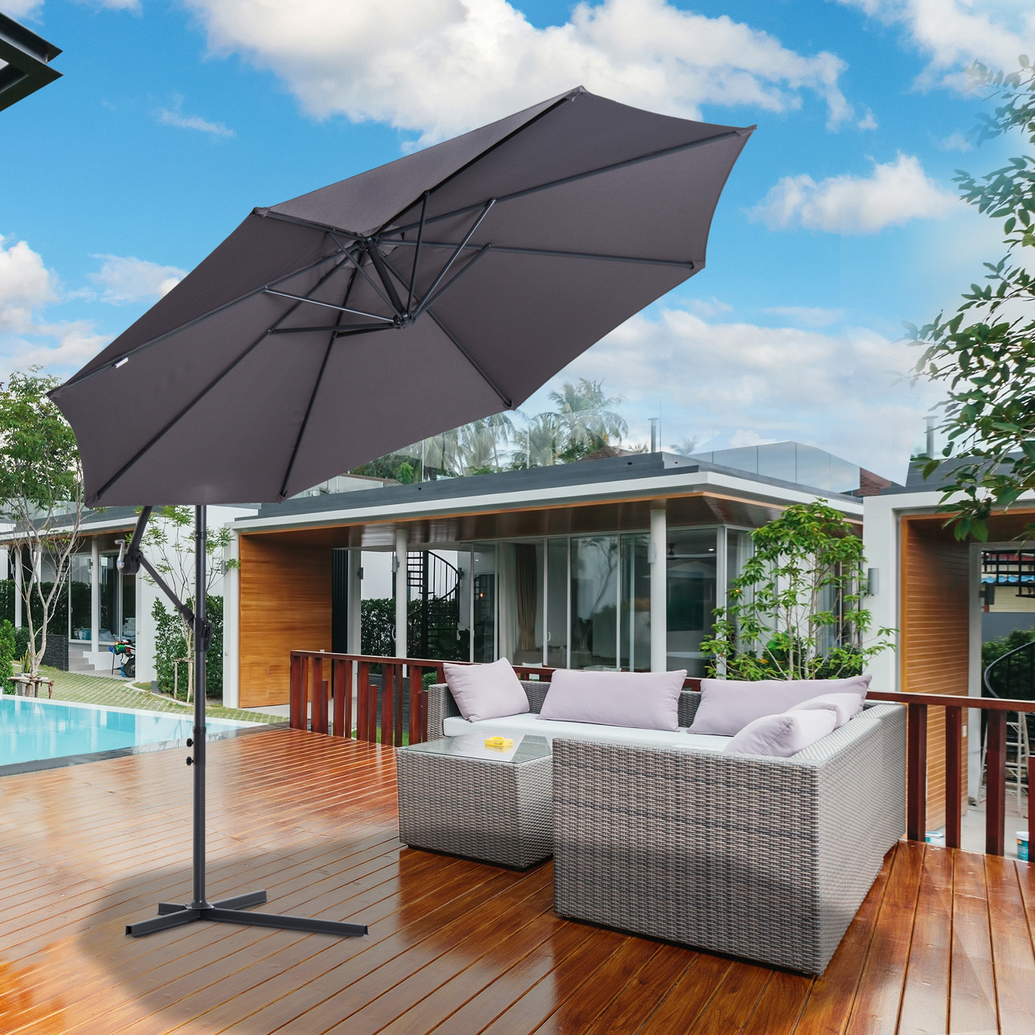 Parasol déporté octogonal inclinable manivelle pied acier Ø 3 x 2,5H m gris