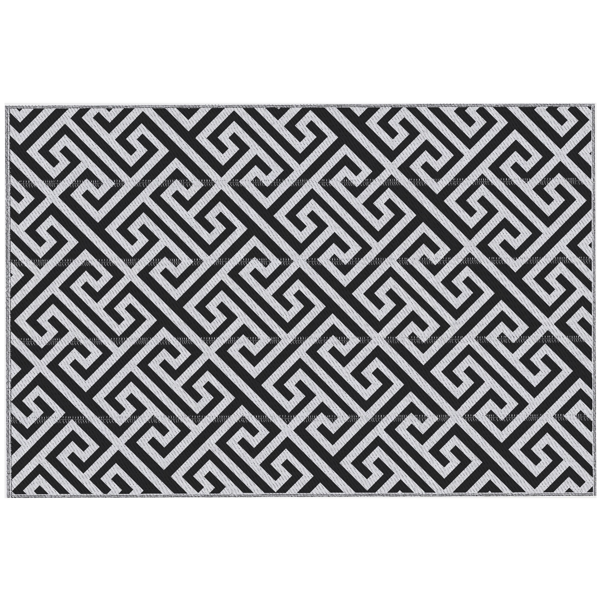 Alfombra de Exterior 182x274 cm Alfombra Reversible con Patrón Geométrico Impermeable para Terraza Balcón Patio Camping Playa Blanco y Negro
