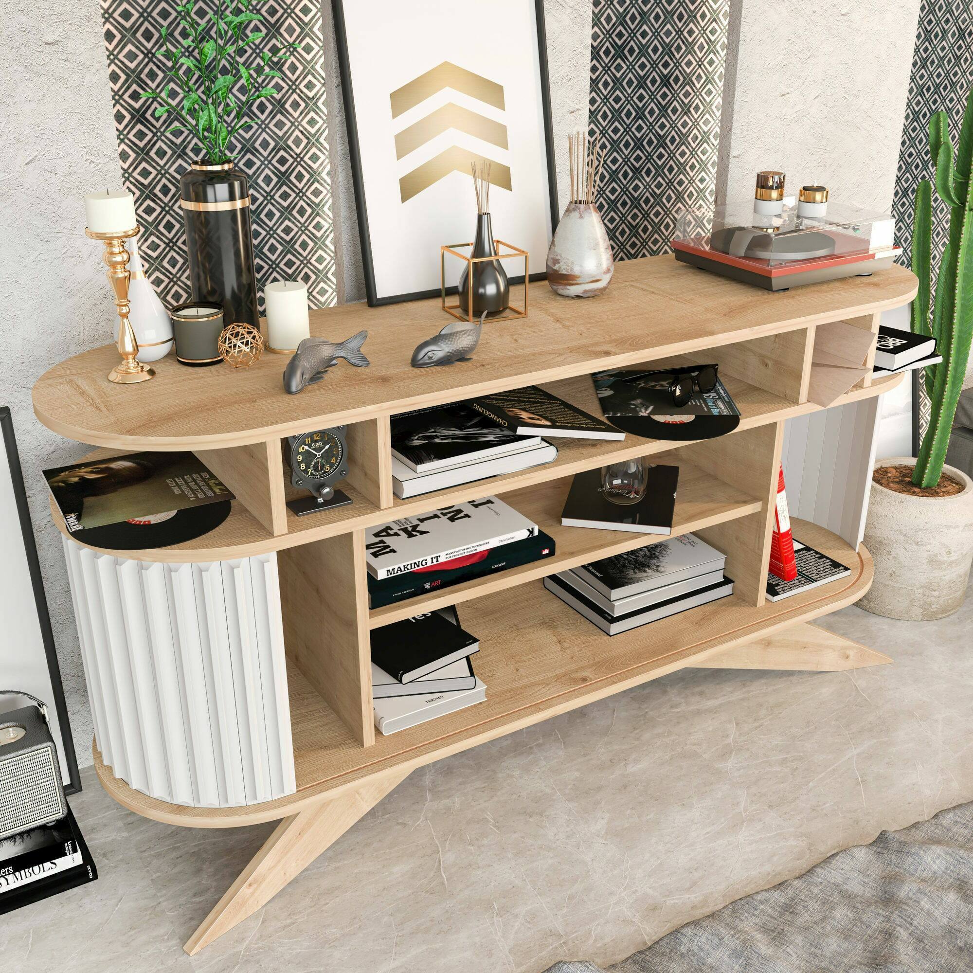 Credenza Dpoluzz, Buffet da soggiorno, Madia da salotto, Dispensa da cucina, 150x43h75 cm, Quercia e Bianco