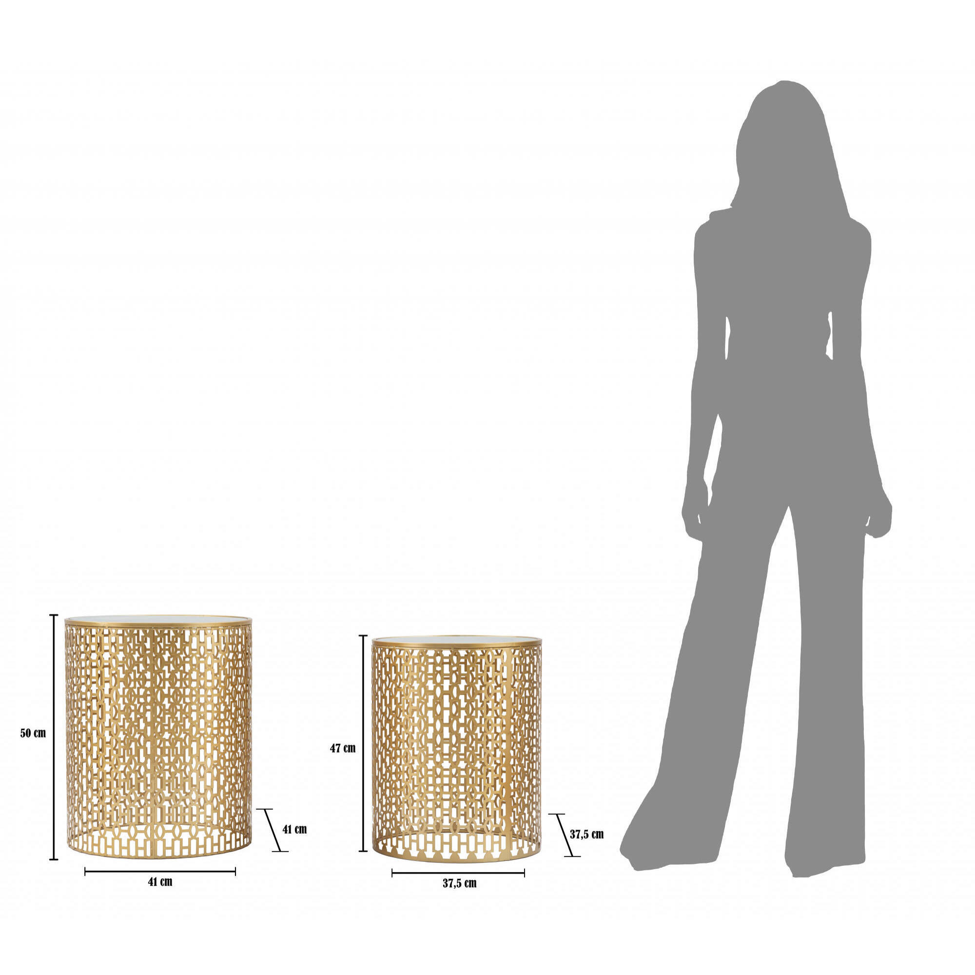 Coppia di Tavolini rotondi, in metallo dorato, con piano in specchio, colore oro