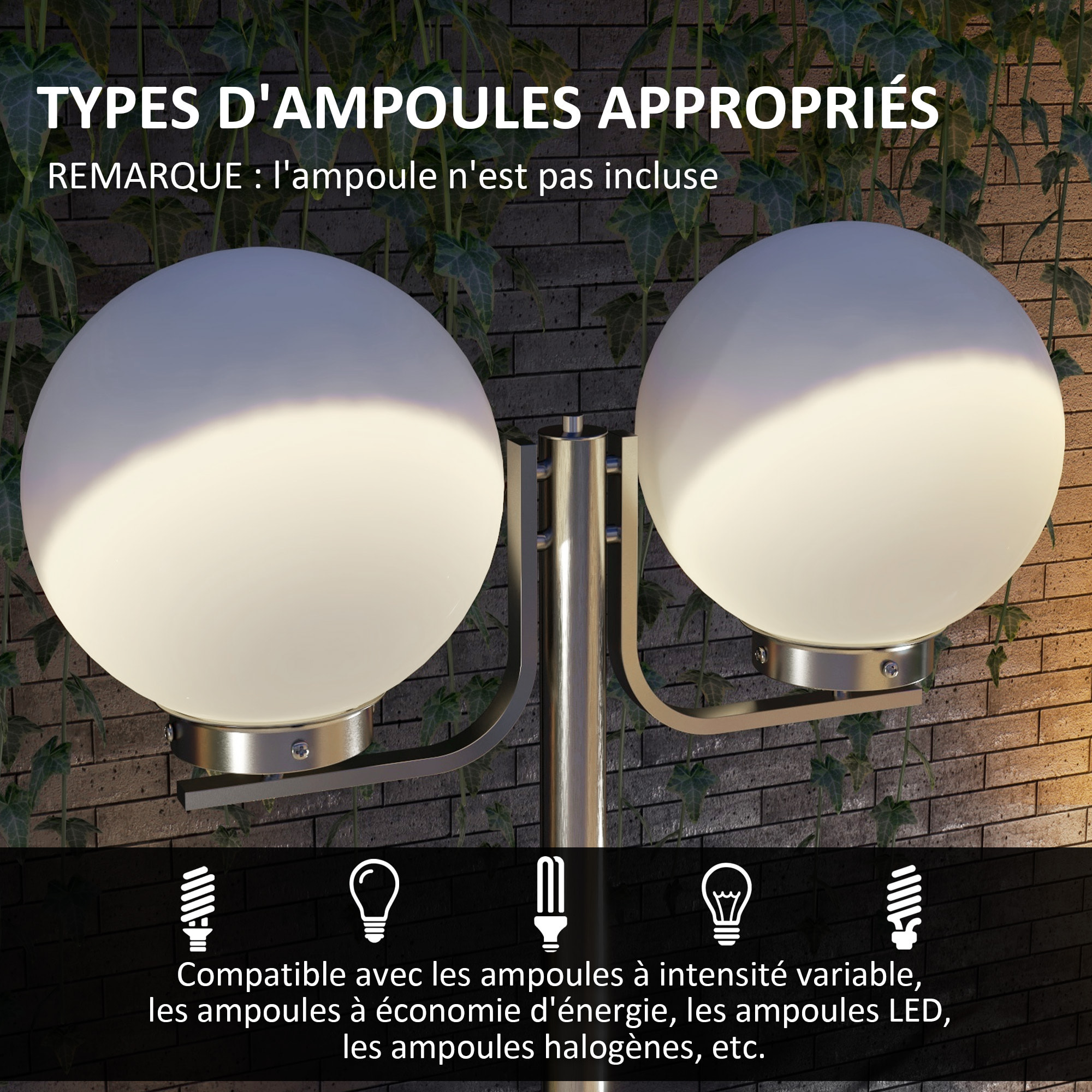 Lampadaire de jardin 2 têtes dim. 63L x 25l x 210H cm acier inox