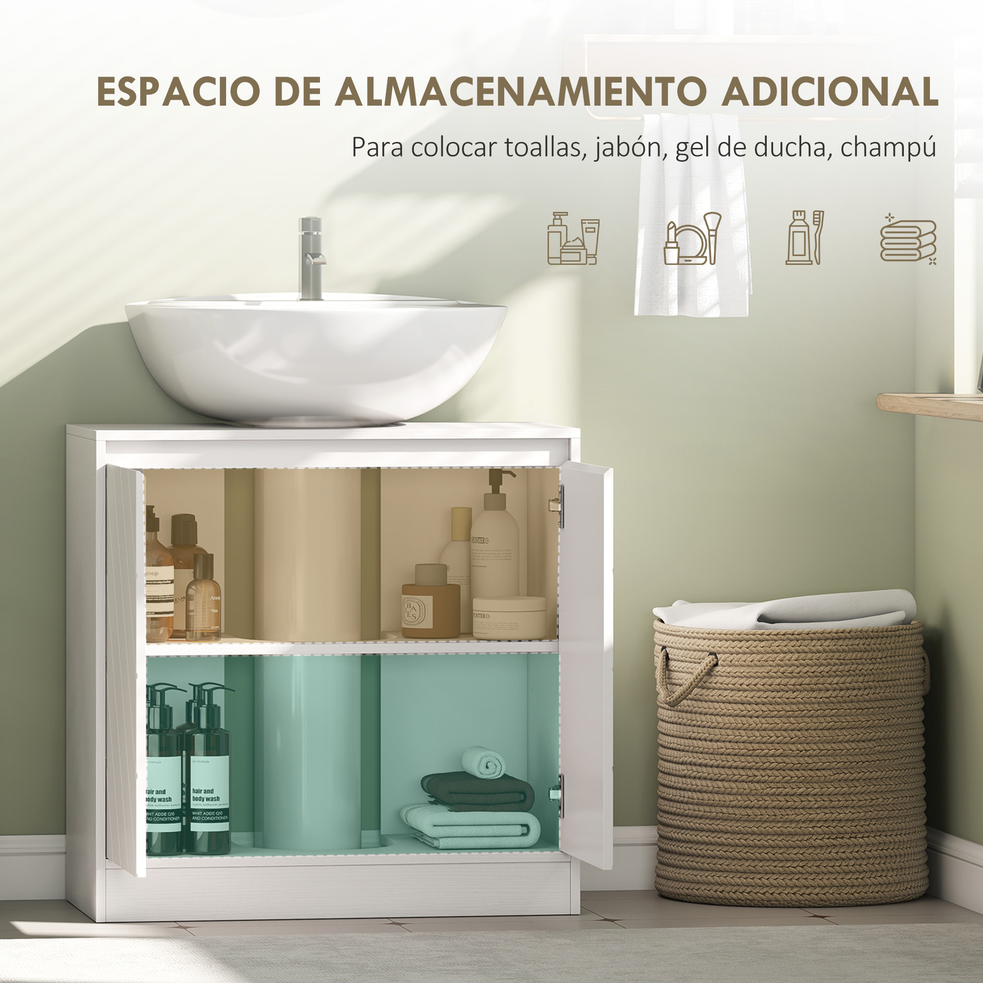 Mueble Bajo Lavabo, Mueble de Baño con 2 Puertas y Estante Ajustable, Armario de Baño para Lavabos con o sin Pedestal, Estilo Vintage, 60x30x59,8 cm, Blanco