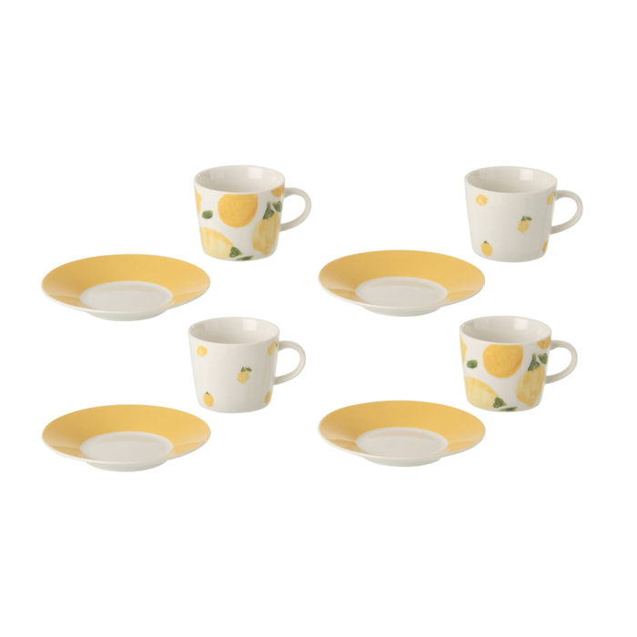 J-Line Tasse + Sous-tasse Citron - céramique - blanc/jaune - small - set de 4