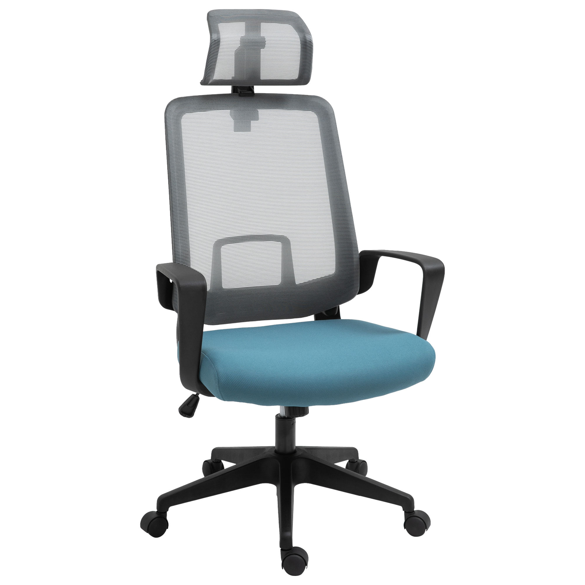 Vinsetto Silla de Oficina Ergonómica Silla Escritorio Giratoria con Altura Ajustable Soporte Lumbar Reposabrazos y Reposacabezas Regulable Malla Transpirable 63,5x63x116,5-125,5 cm Azul y Gris