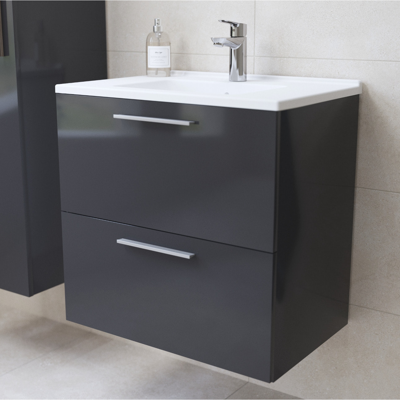 Mia ensemble meuble préassemblé 59x61x39,5 cm avec lavabo, miroir et éclairage LED, Anthracite brillant (MIASET60A)