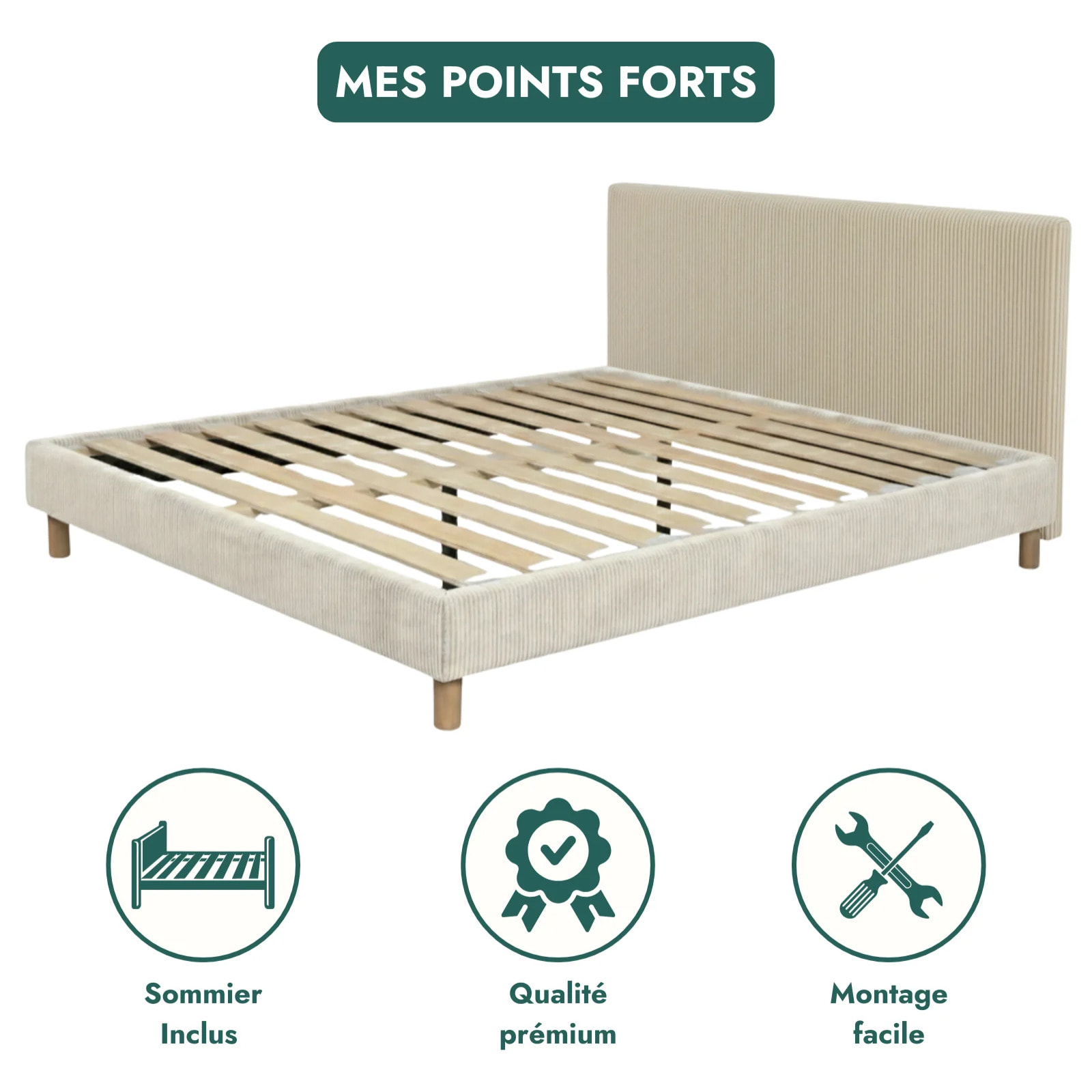 Ensemble matelas Bali & lit fixe Colisée | Mémoire de forme et ressorts ensachés | cadre à lattes | Velours côtelé | Gris clair