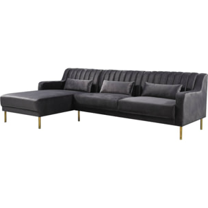 Canapé d'angle en velours "Oliver" - 275 x 161 x 81 cm - 5 places - Gris - Angle gauche