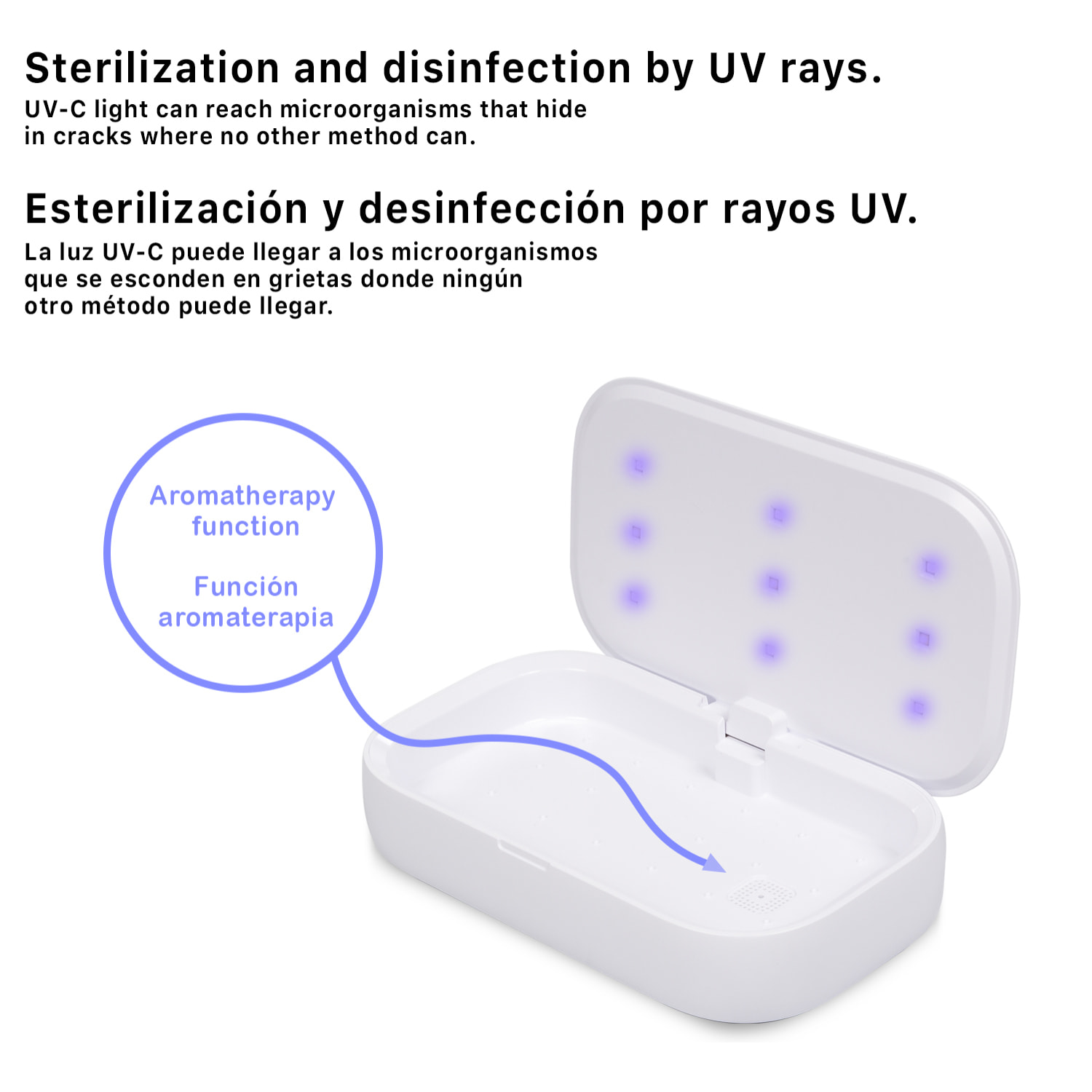 Scatola di sterilizzazione UV con caricabatterie wireless Qi e funzione di aromaterapia.