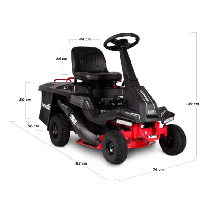 Tractor cortacésped con motor de gasolina 4 tiempos de 224 cc y 5,9 CV, arranque eléctrico, corte rotativo de 610 mm, altura ajustable en 5 niveles, tracción trasera, función mulching, descarga lateral y saco de 150 L – Greencut RLM610XE.