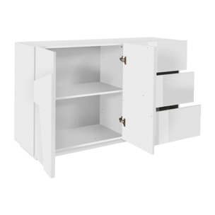 Credenza moderna a 2 ante e 3 cassetti, Made in Italy, Madia da cucina con dettaglio, Buffet di design da soggiorno, cm 143x44h86, colore Bianco lucido