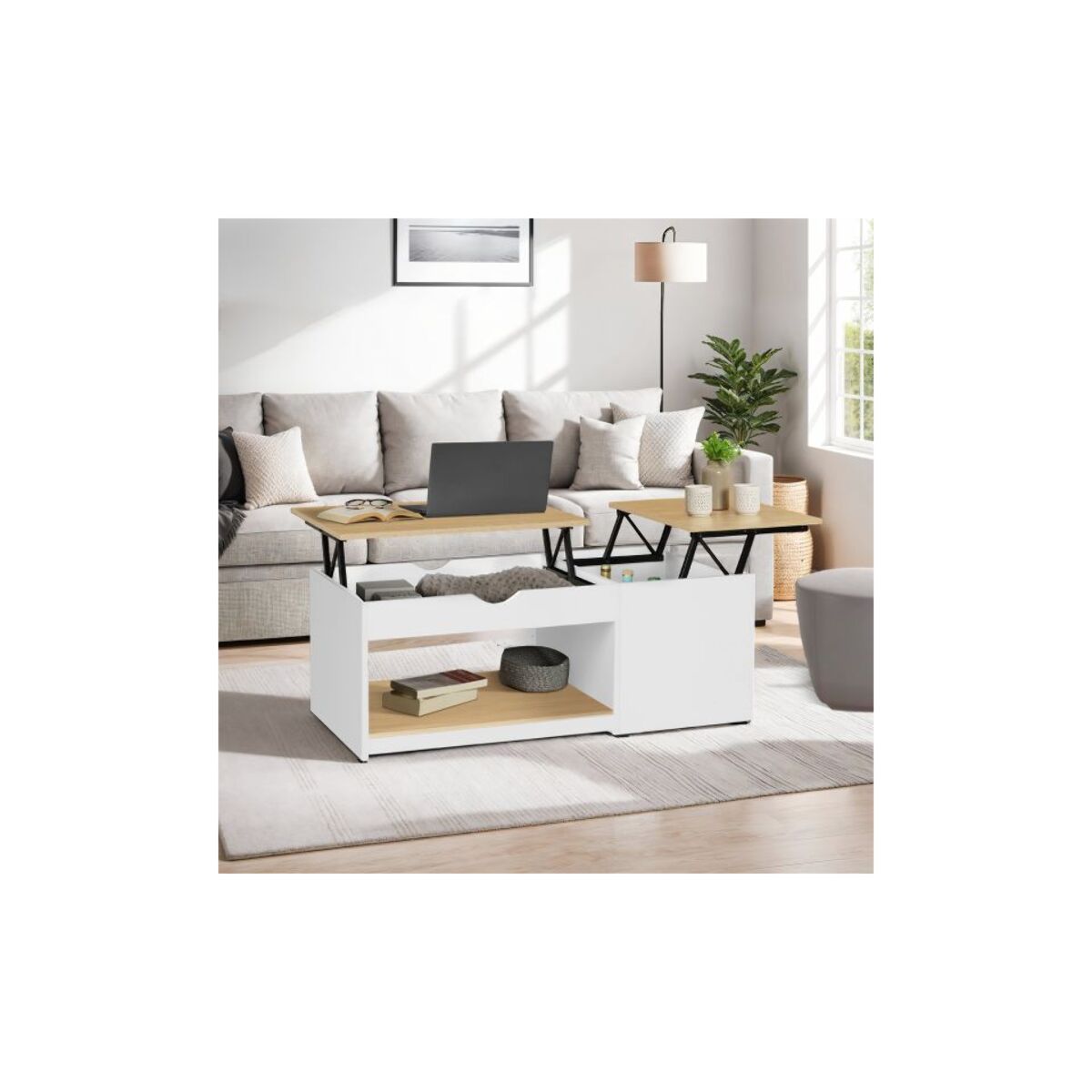 Table basse relevable + coffre Elina - 2 plateaux relevables