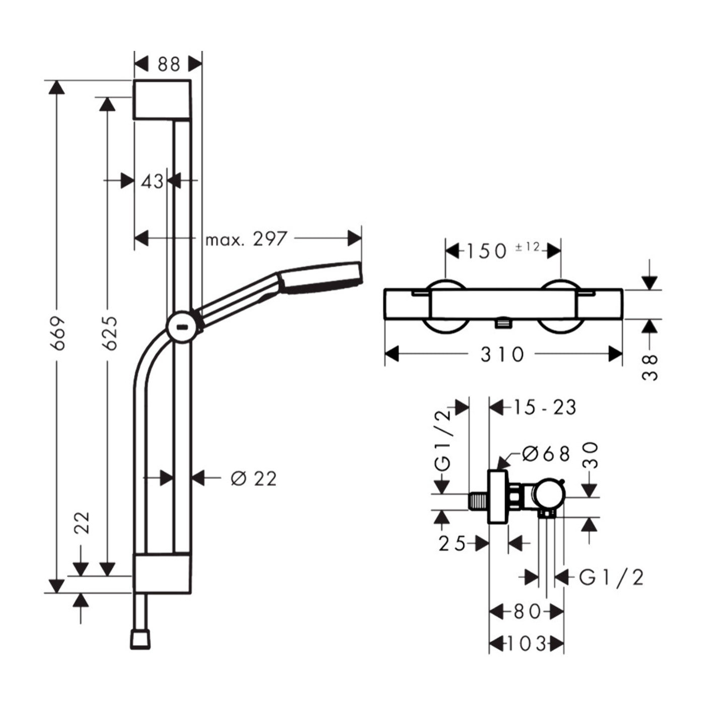 Set de douche Pulsify Select S 3 jets, barre 65cm EcoSmart, Noir mat
