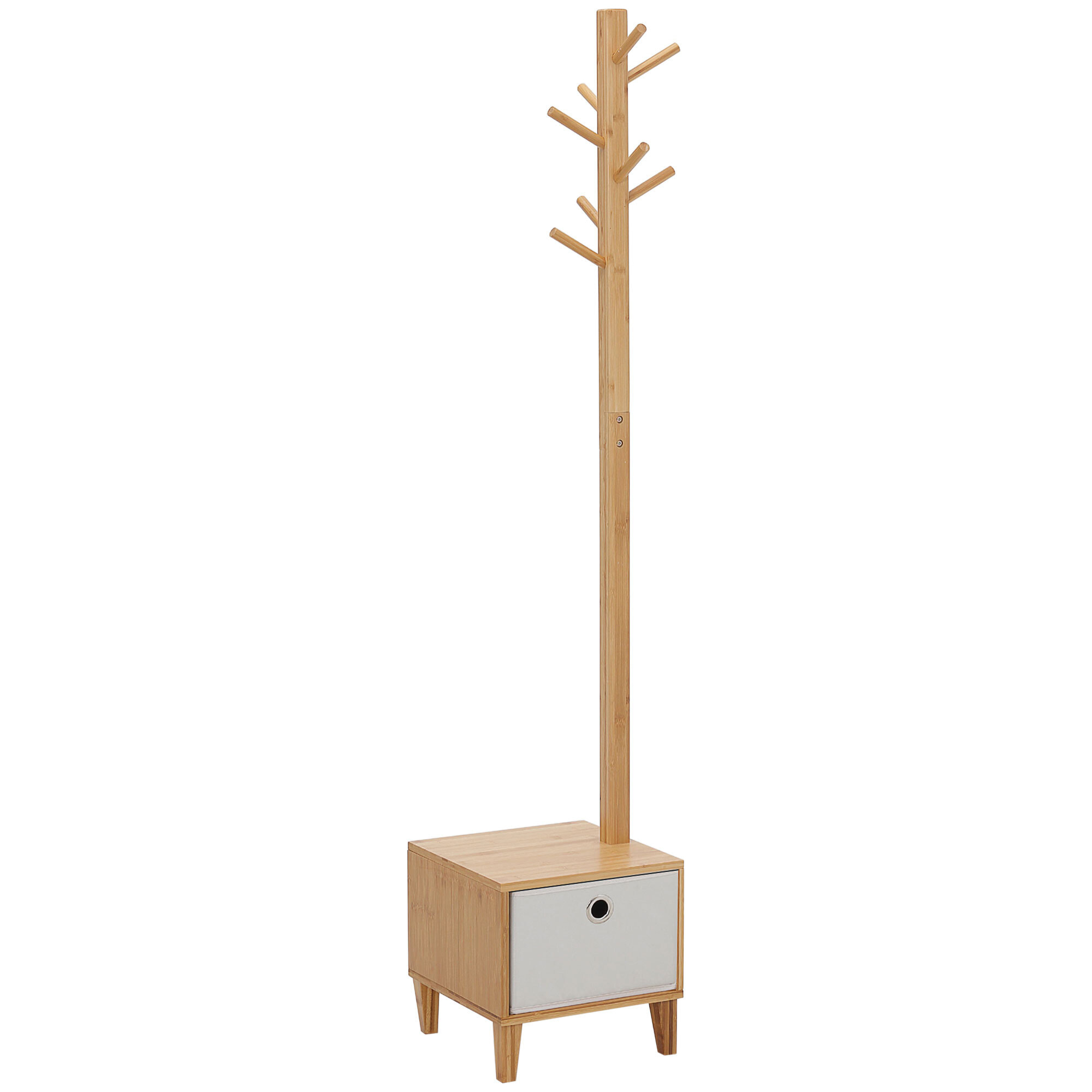 Perchero de Pie de Bambú Tipo árbol con Banco Cajón de Tela y 8 Ganchos para Colgar Ropa Bolsas Bombreros para Entrada Salón Pasillo 35x35x177 cm Natural
