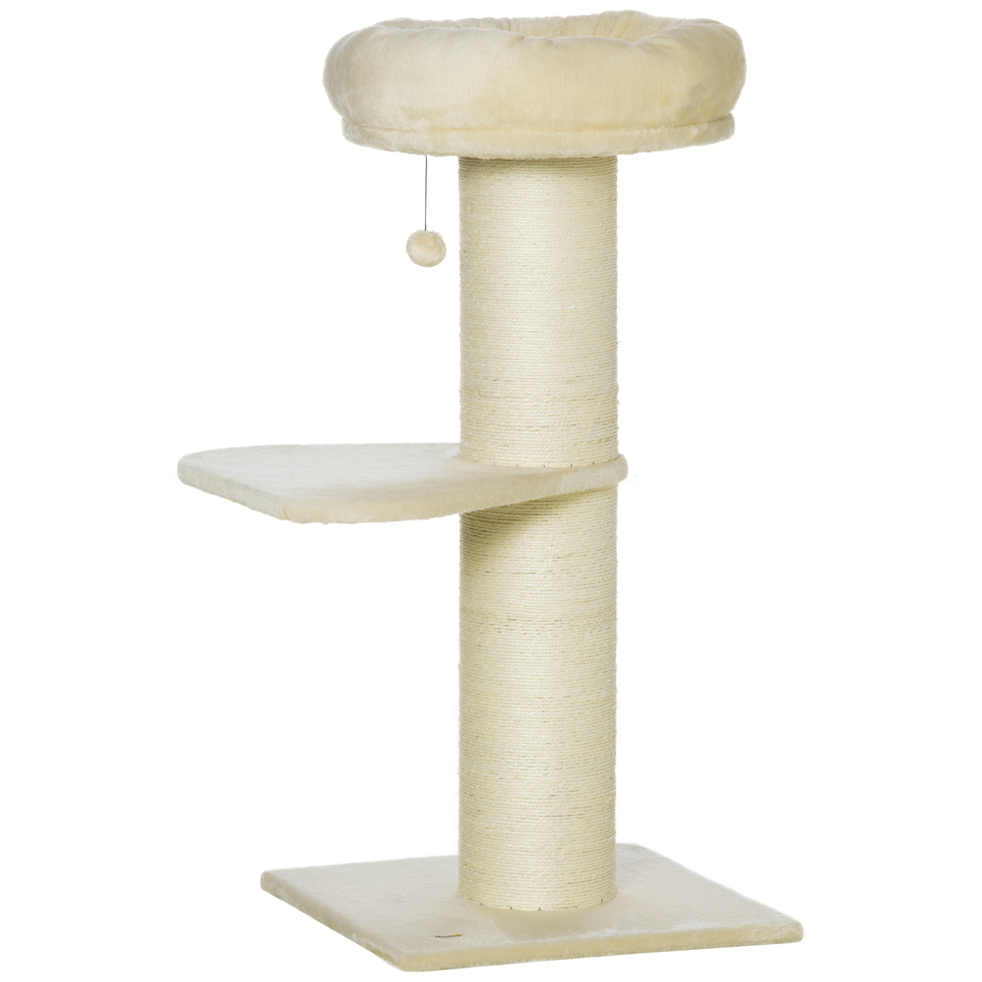 Arbre à chat griffoir sisal naturel 2 plateforme panier observation jeu boule suspendue peluche beige