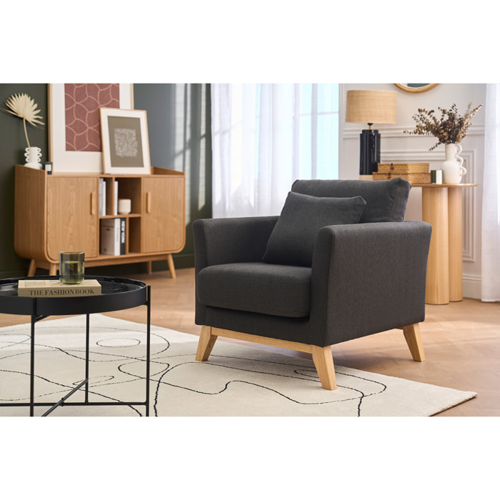 Fauteuil scandinave déhoussable en tissu gris foncé et bois clair OSLO