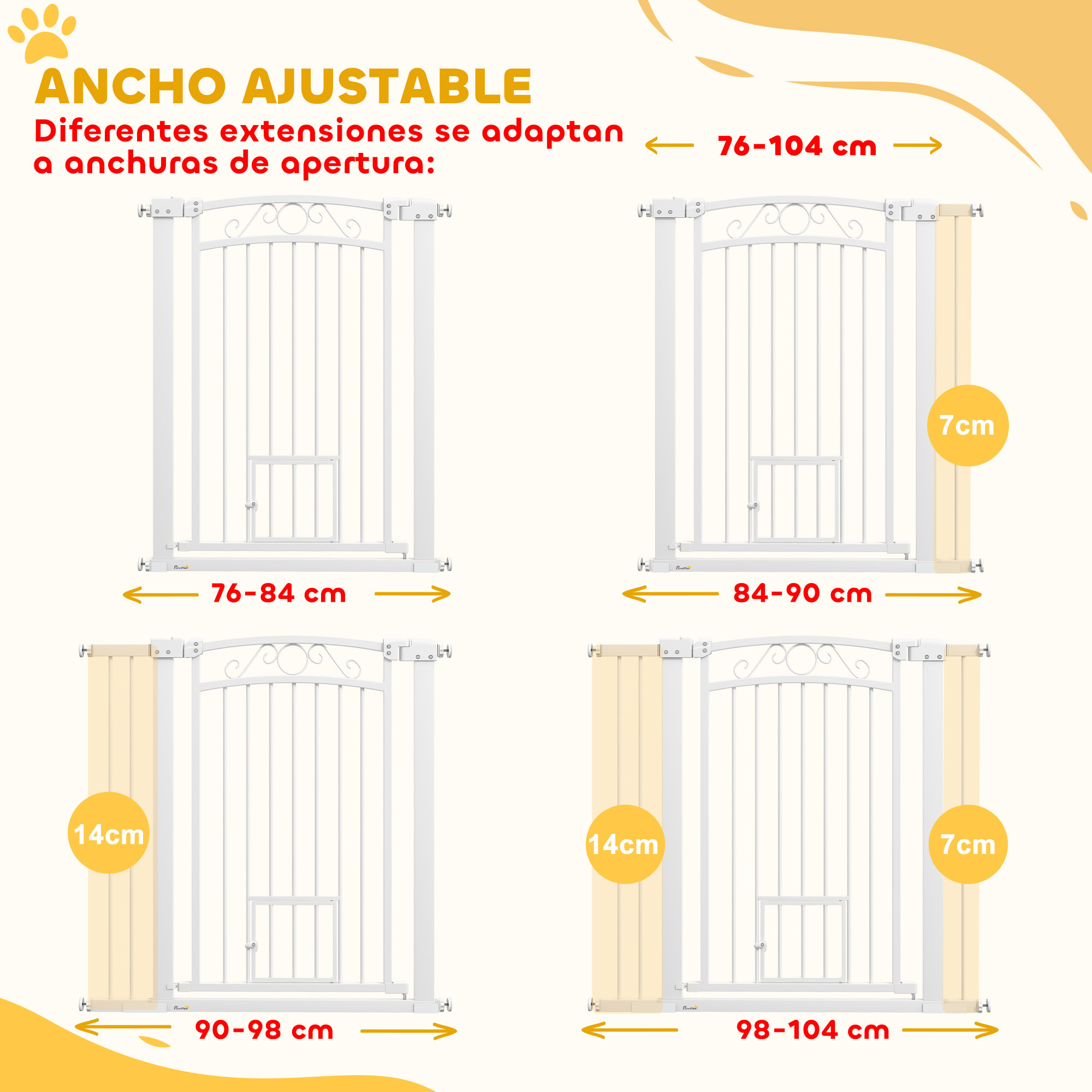 Barrera para Perros Puerta para Perros con Ancho Ajustable 76-104 cm Barrera de Seguridad para Perros con 2 Extensiones Doble Bloqueo y Puerta Pequeña para Escaleras y Puertas Blanco
