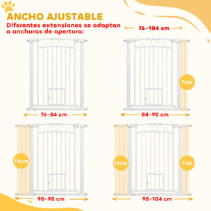 Barrera para Perros Puerta para Perros con Ancho Ajustable 76-104 cm Barrera de Seguridad para Perros con 2 Extensiones Doble Bloqueo y Puerta Pequeña para Escaleras y Puertas Blanco