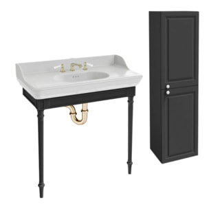 Console Cléo 1889 avec plan vasque 3 trous + colonne droite + mélangeur poignée lavabo or + siphon or