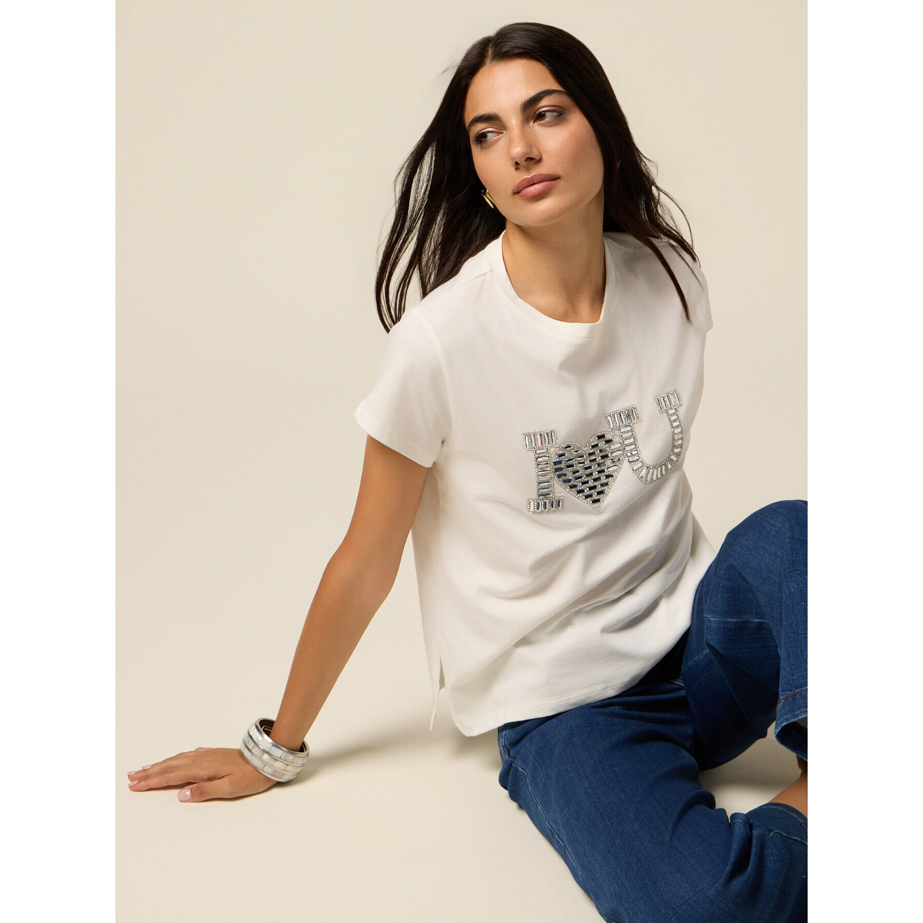 Oltre - Camiseta de punto jersey con aplicación de joya - Blanco