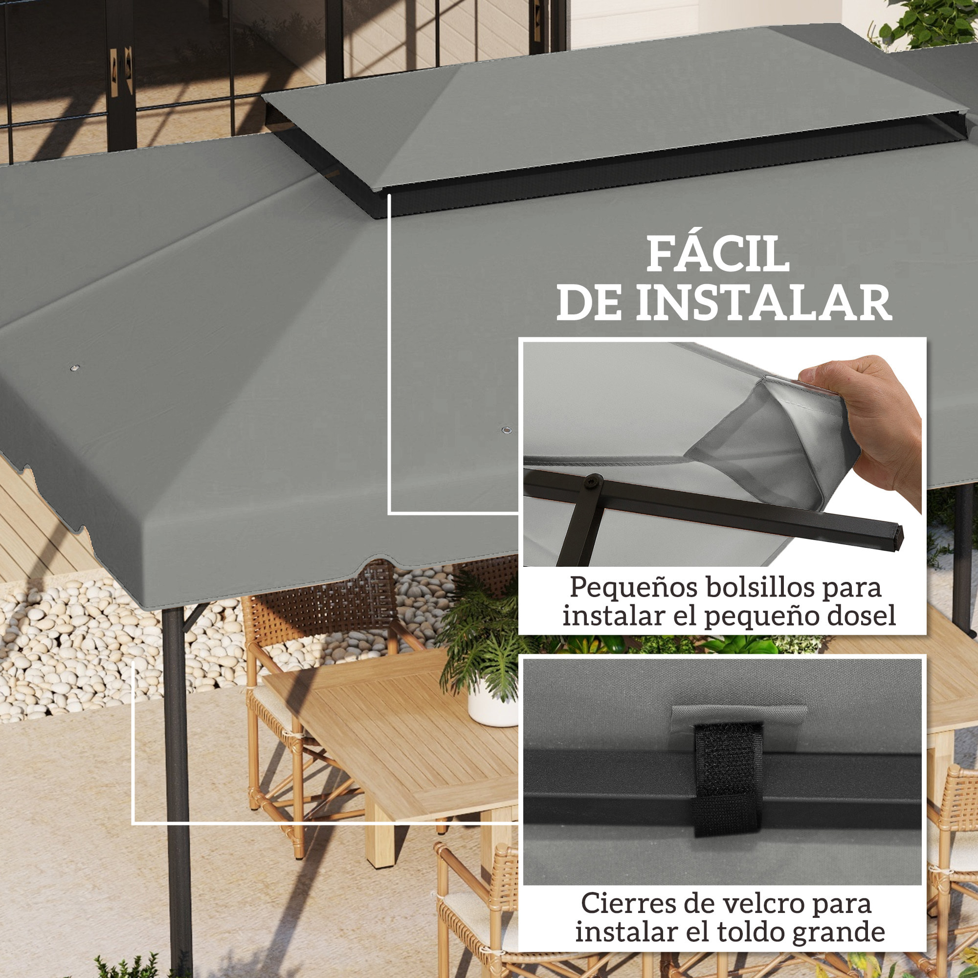 Techo de Repuesto para Cenador, 4x3 m, Cubierta de Repuesto con Doble Techo, 8 Orificios de Drenaje, SOLO Toldo de Recambio para Pabellón Gazebo, Beige