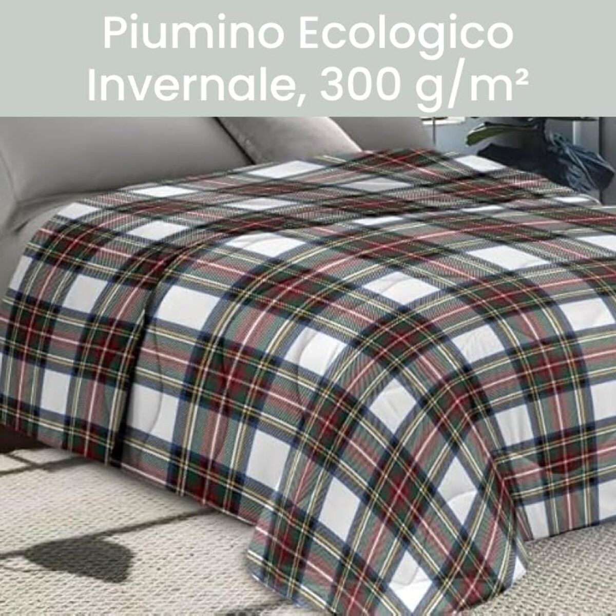 INTRECCI Piumino Singolo, 170 x 260 cm, Piumino Ecologico, Caldo, Invernale, 300 g/m², Anallergico e Antiacaro, Made in Italy, Lavabile in Lavatrice, Soffice, Morbido. Fantasia: Tartan Bianco