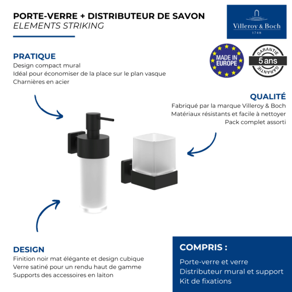 Porte-verre + Distributeur de savon VILLEROY & BOCH Elements Striking noir mat