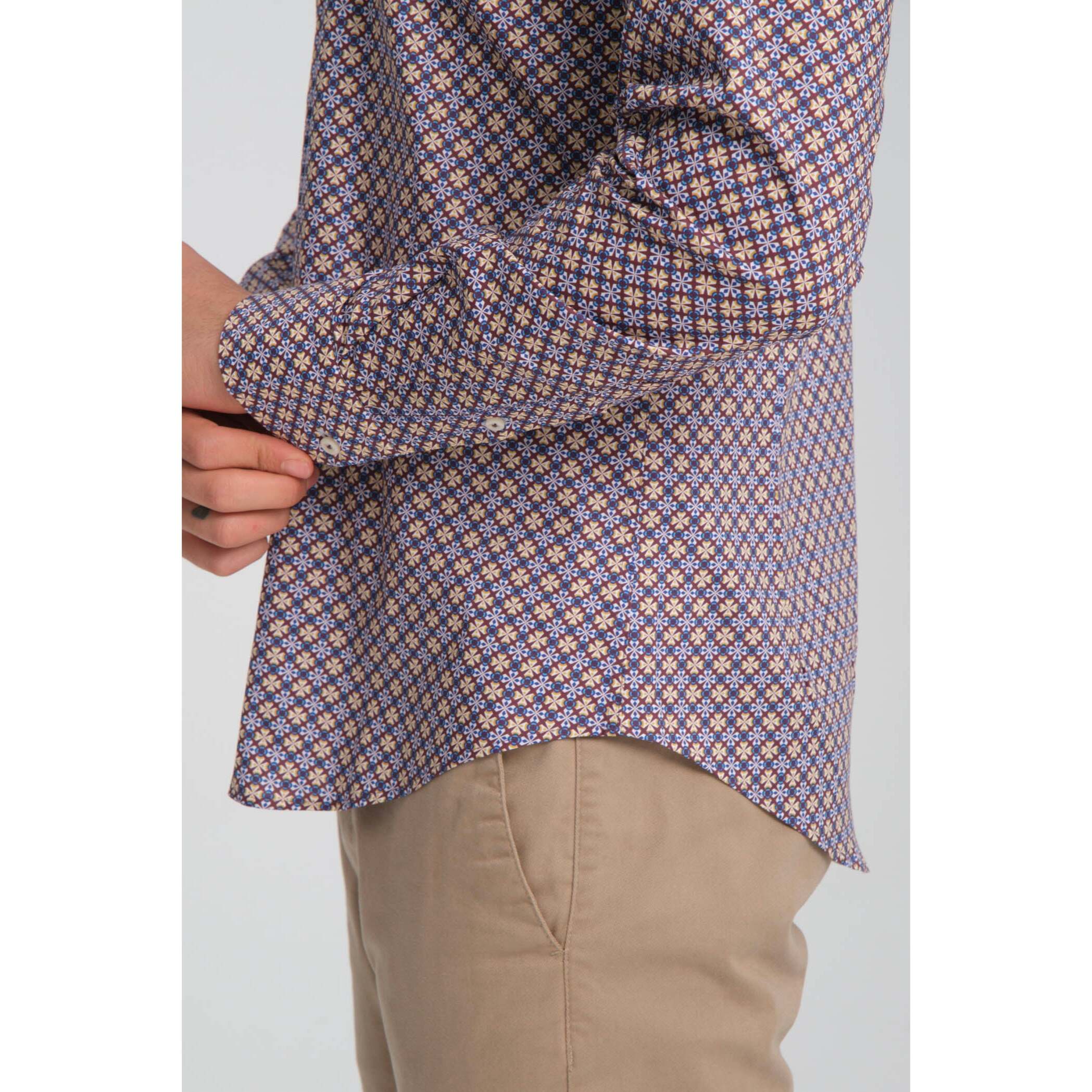 Camicia Uomo 1 Bottoni Button Down Slim Popeline Stretch Stampato Viola Melanzana/Bianco