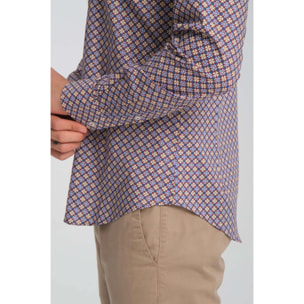 Camicia Uomo 1 Bottoni Button Down Slim Popeline Stretch Stampato Viola Melanzana/Bianco