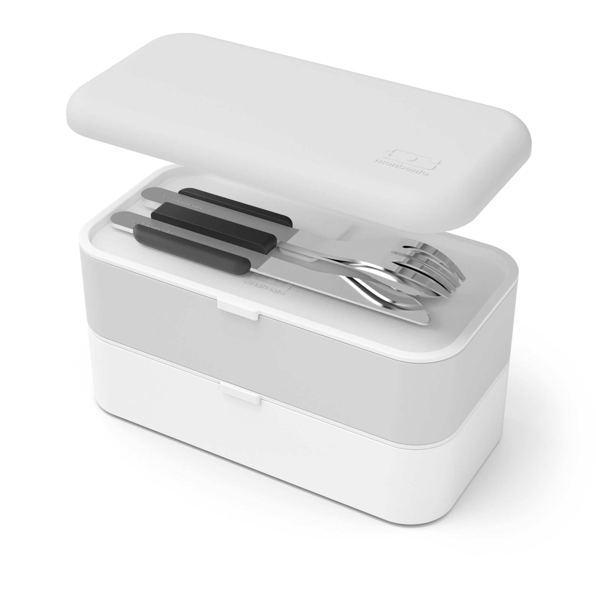 Set repas lunch box 2 étages 1L vert/noir + couverts + récipients à sauce