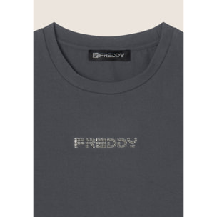 Body senza maniche in jersey stretch con logo strass