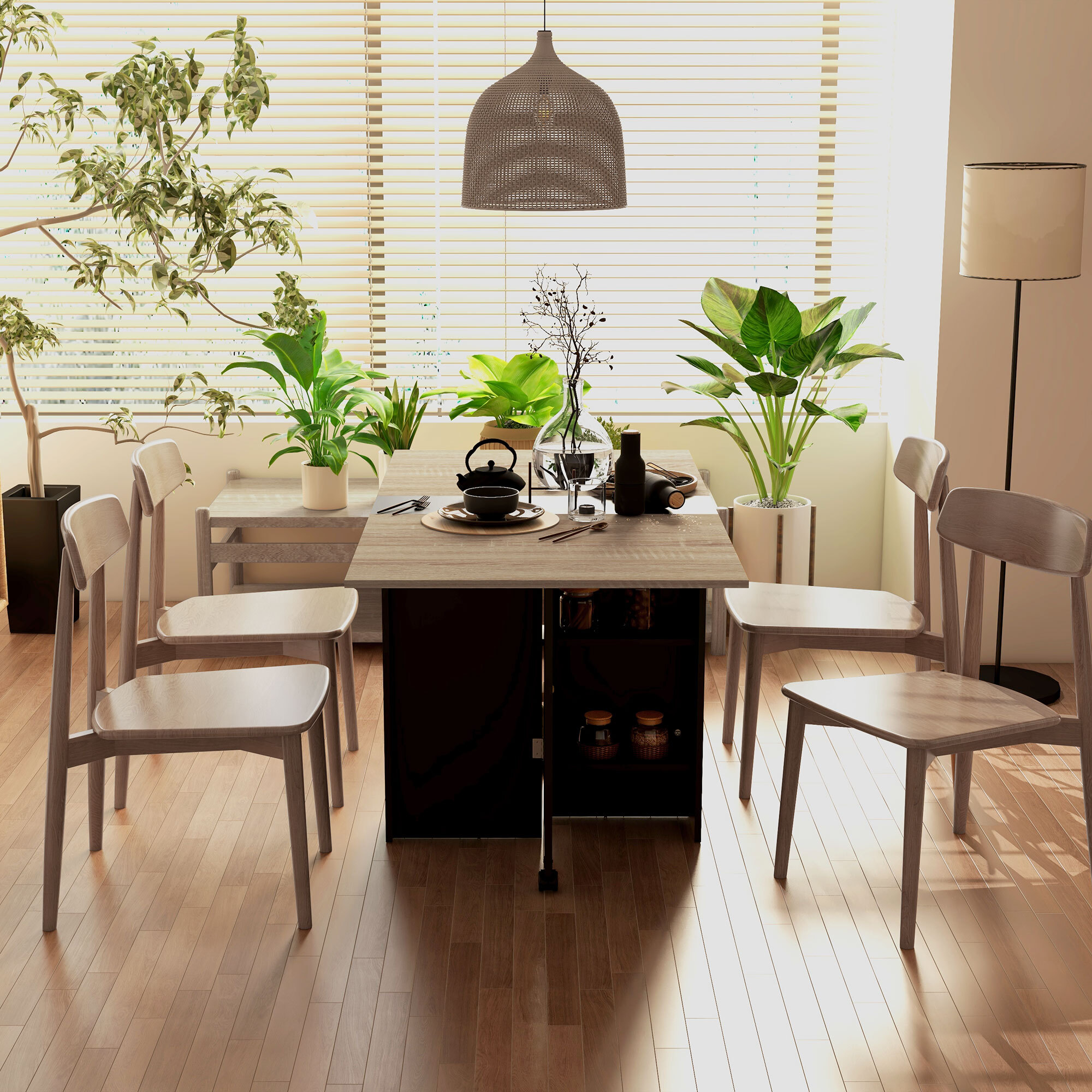 Mesa Plegable de Comedor Mesa de Cocina Plegable con Ruedas Alas Abatibles y Estantes Mesa Plegable para 4-6 Personas 75x140x74 cm Natural y Negro