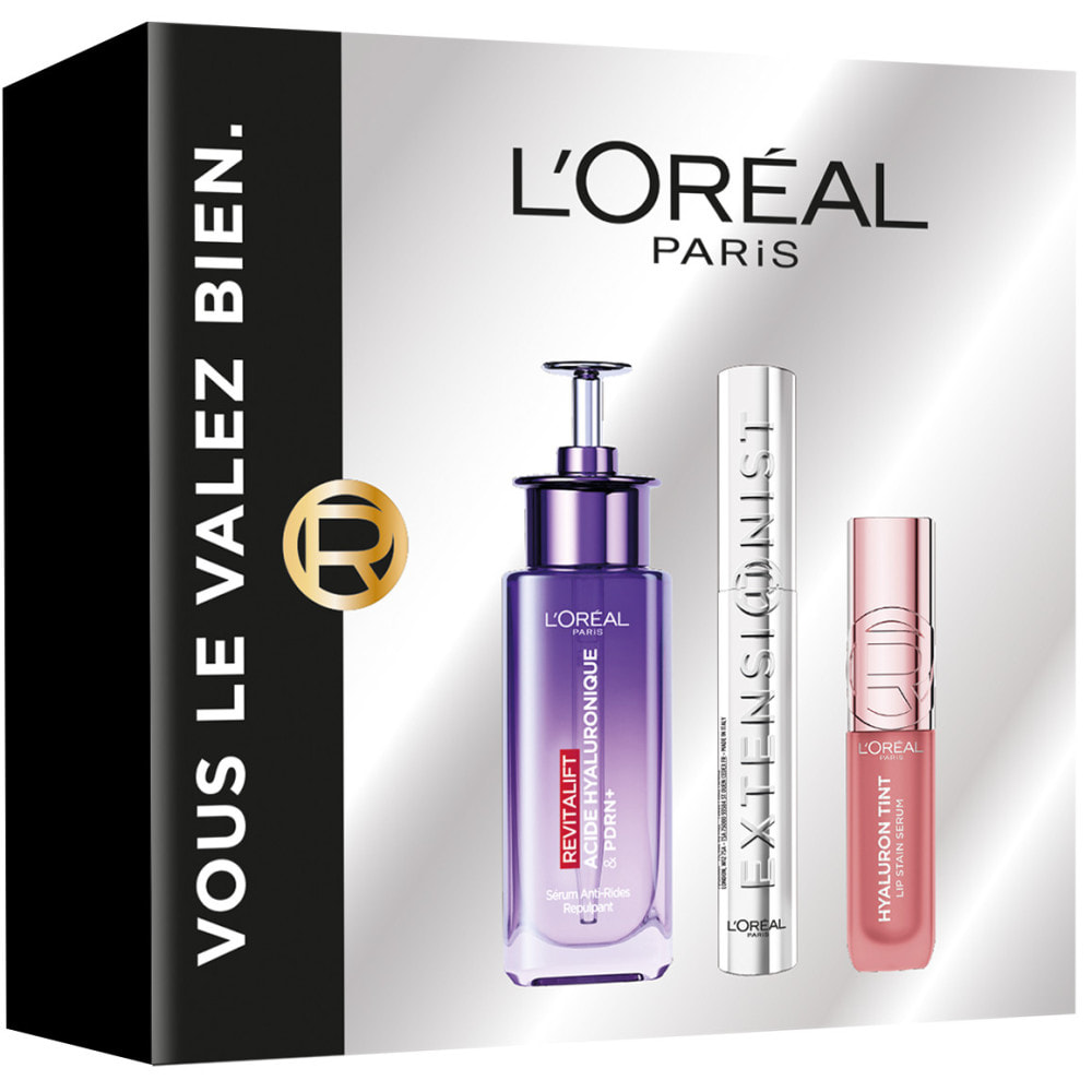 Coffret L'Oréal Paris Trio Iconique : Sérum Revitalift Filler, Mascara Extensionist, Encre à lèvres Hyaluron Tint