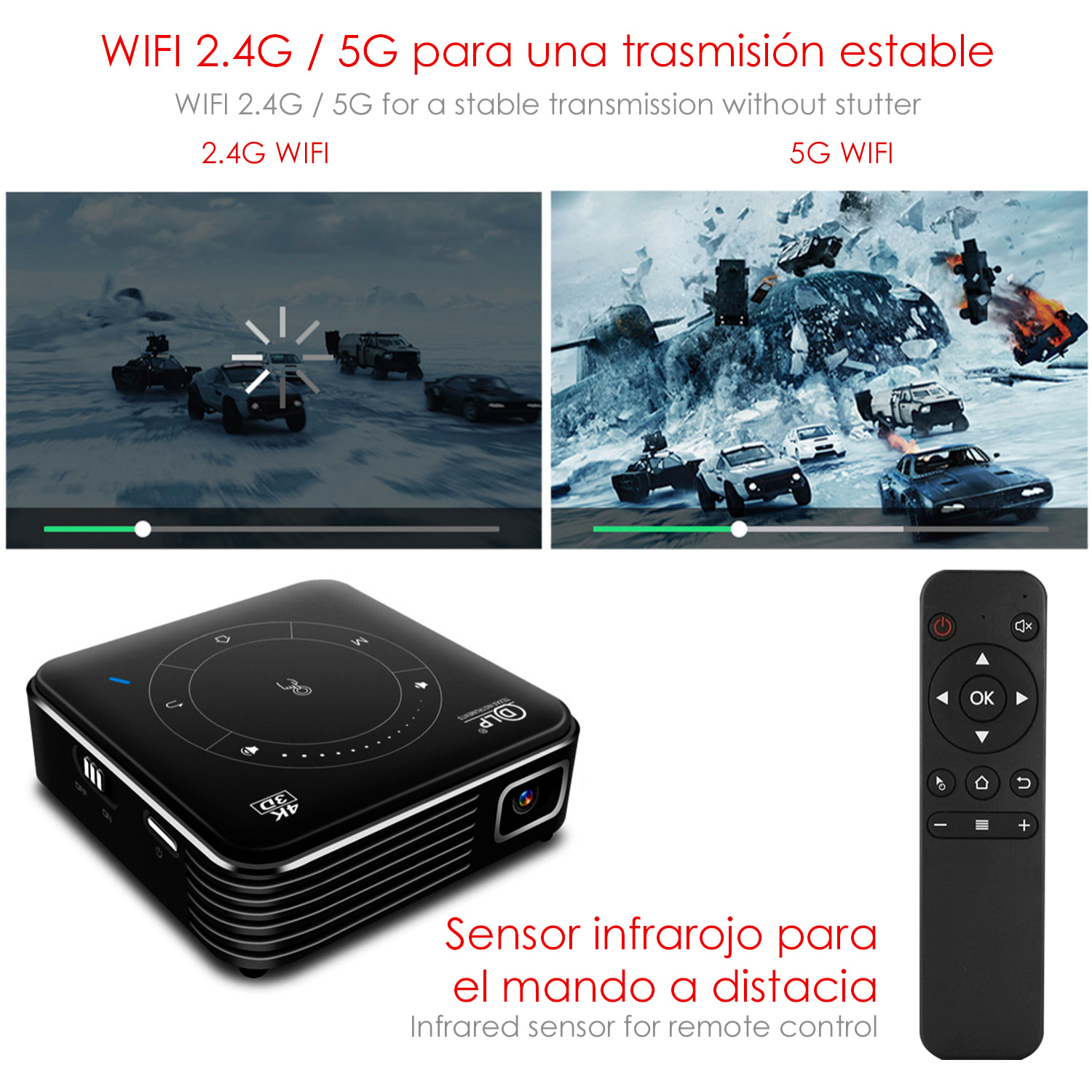 Mini videoproiettore LED portatile P11, DLP. Android 9.0, Wi-Fi, pannello touch. Batteria ricaricabile. Clonazione schermo. Netflix, YouTube, ecc.