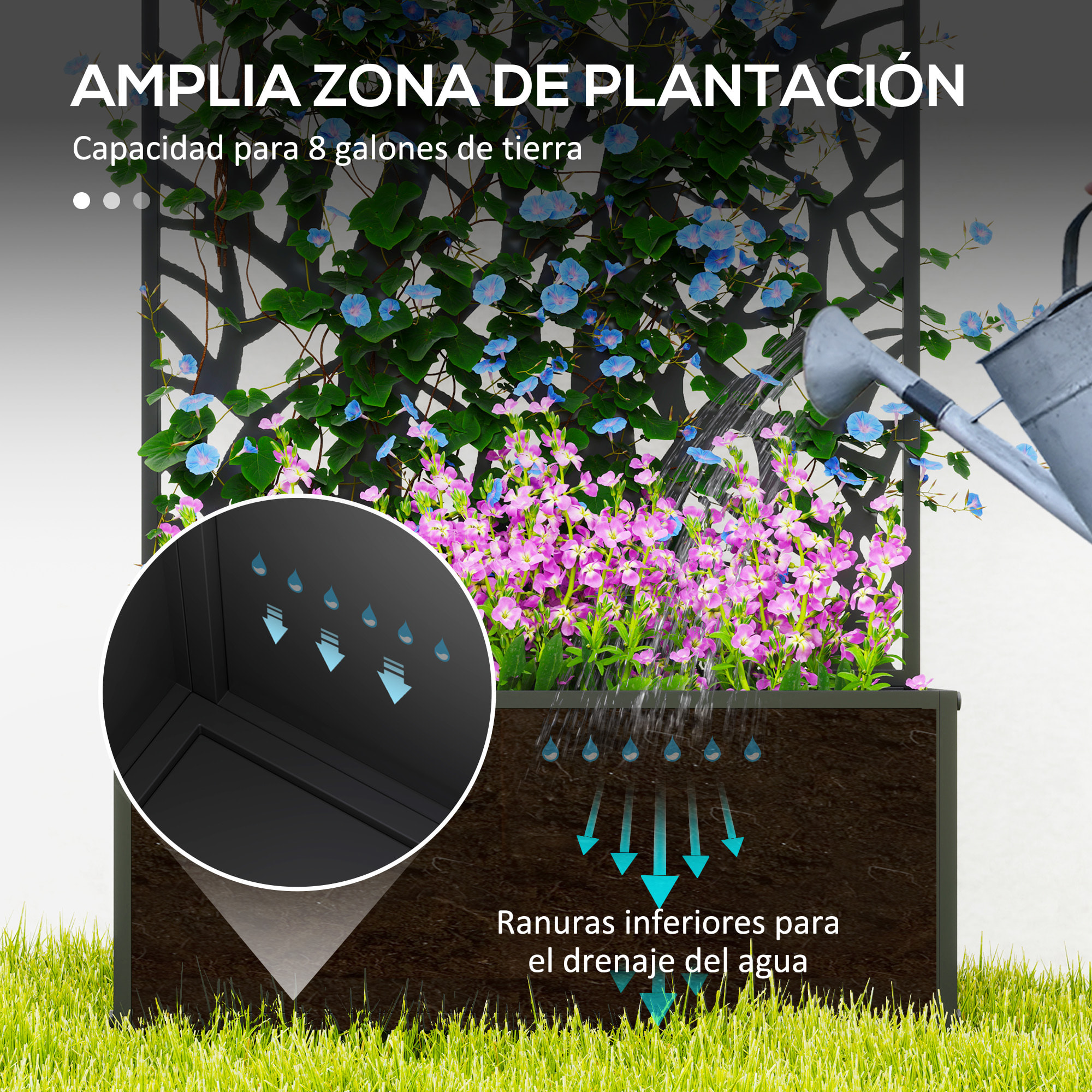 Jardinera Exterior Grande de Metal Jardinera con Pantalla de Privacidad de Hojas Decorativas Jardinera de Pared o Independiente para Patio Terraza 61x23x113 cm Negro