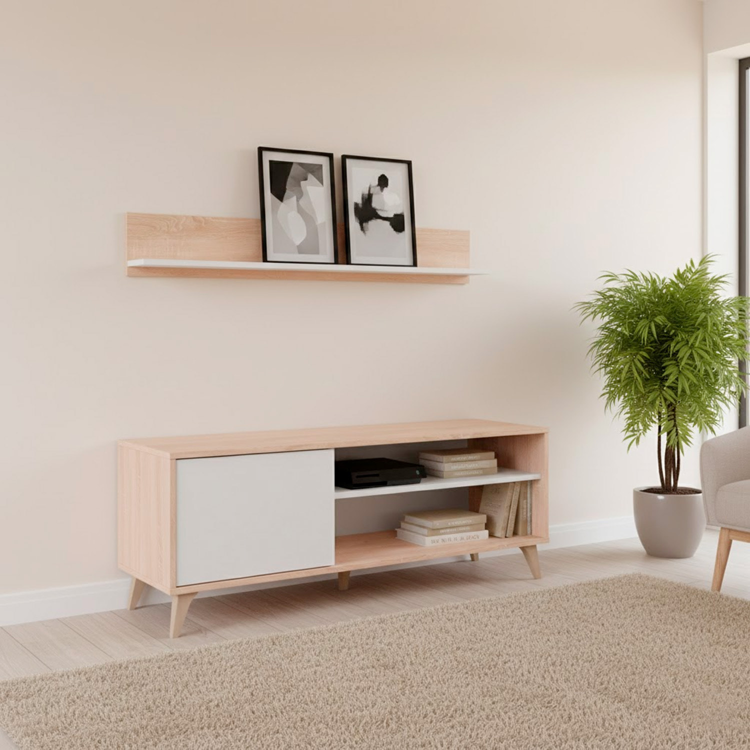 Mobile TV Con Mensola Parete Attrezzata In Stile Nordico Da 135 Cm Con Anta Push E Vani Multimediali Mobile Porta TV 135 x 50 x 40 Cm Rovere E bianco