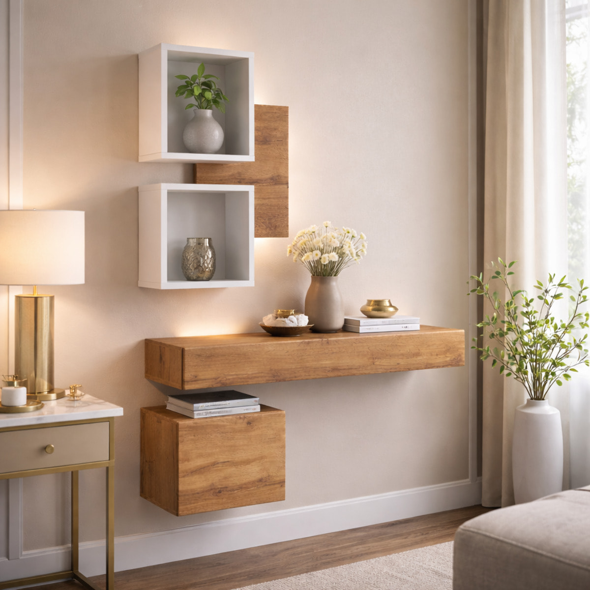 Mobile Ingresso Moderno Con Pensili A Giorno Mensole Sospese Con Cassetto E Anta Salvaspazio Design Nordico 100 x 170 x 30 Cm Bianco E Rovere